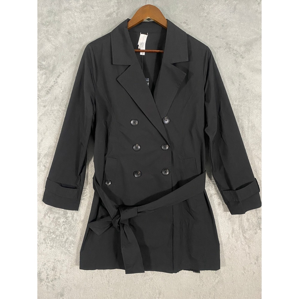 WynneLayers Black Pleated Back Double Breasted Trench Coat Jacket Sz‎ M Formal